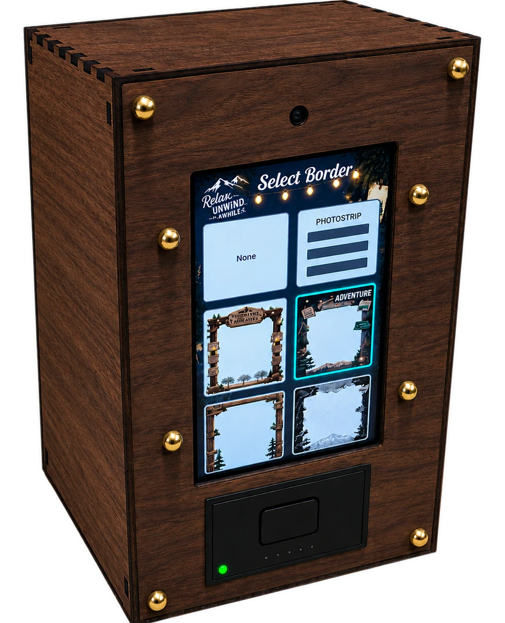 Paperbooth unit, angled view, showing the camera and screen