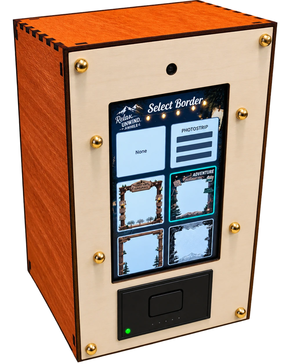 Paperbooth unit, angled view, showing the paper feed slot