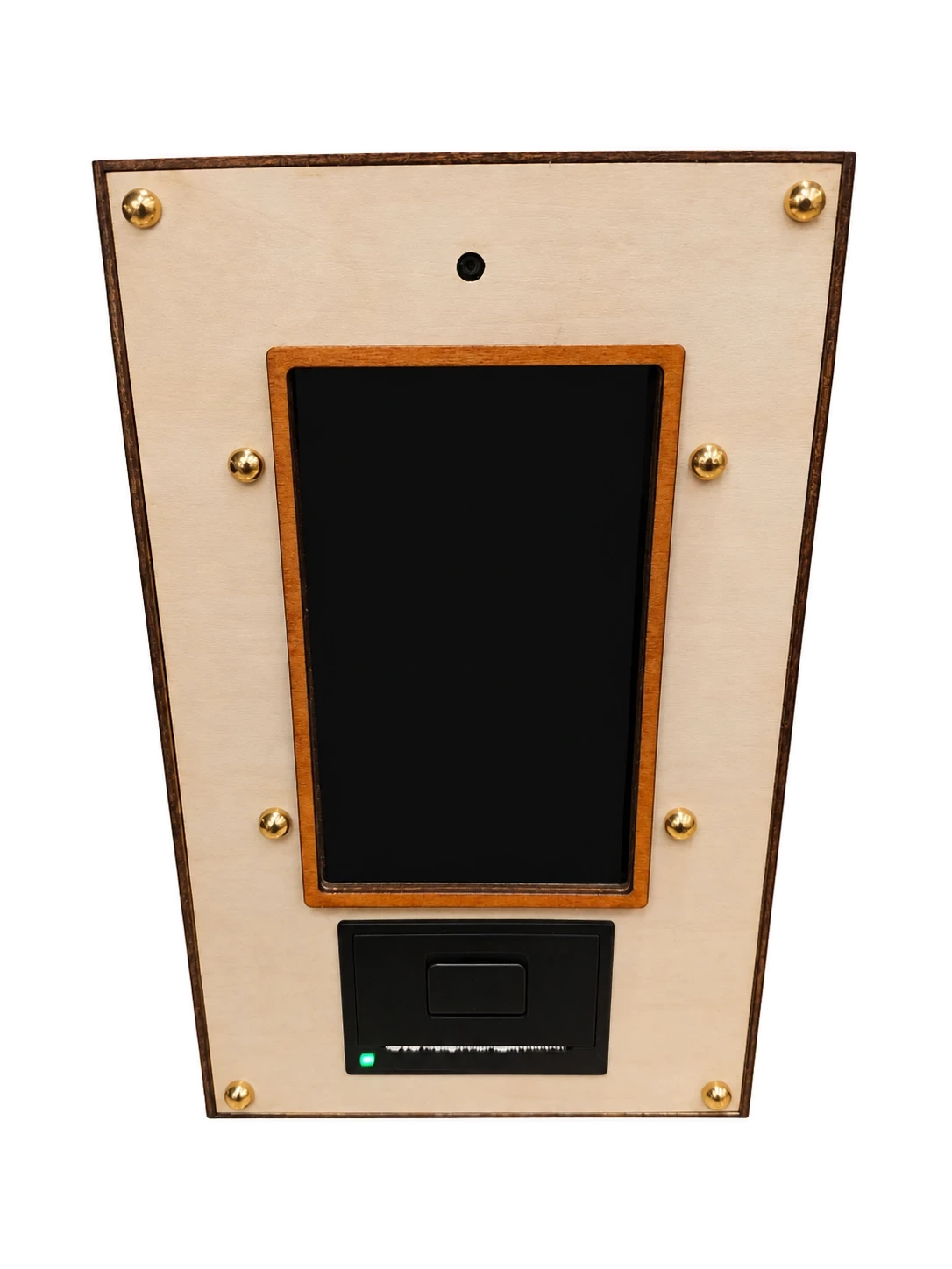Close-up of the Paperbooth screen bezel, showing the wood frame, brass hardware, and thermal printer slot